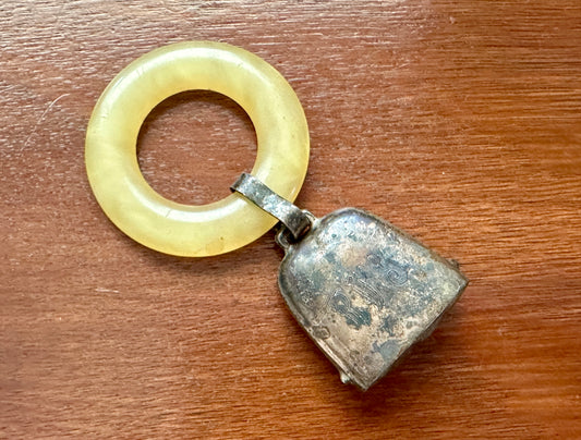 Vintage 1950's Silver Tone Personalized Baby Rattle Toy Chewing Ring