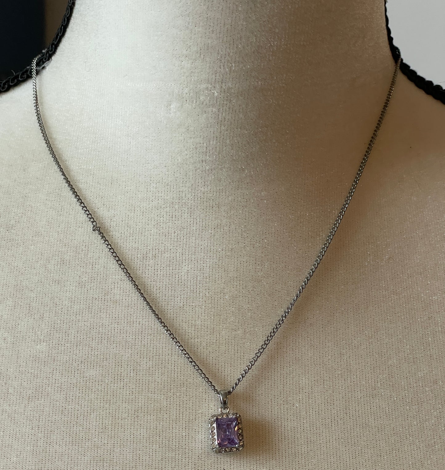 Vintage Silver Tone Chain Necklace  Square Cut Purple Rhinestone Pendant