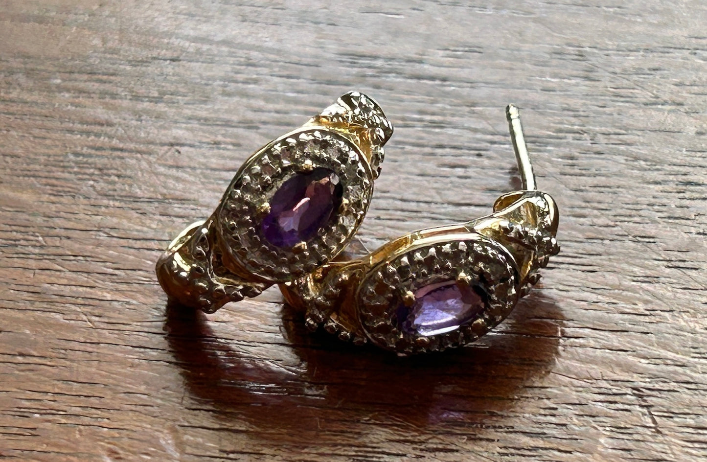 Gold Vermeil over Sterling Silver 925 Hoop Earrings Amethyst Diamond Accent