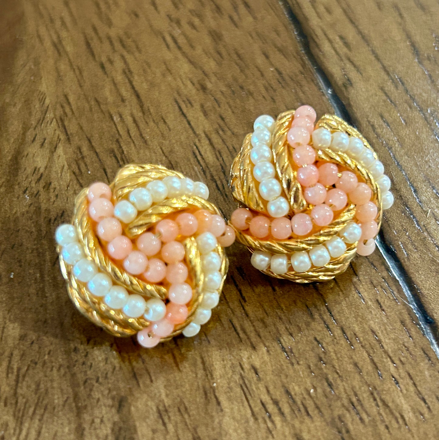 Vintage Signed Avon Beaded Faux Coral Pearl Clip On Earrings