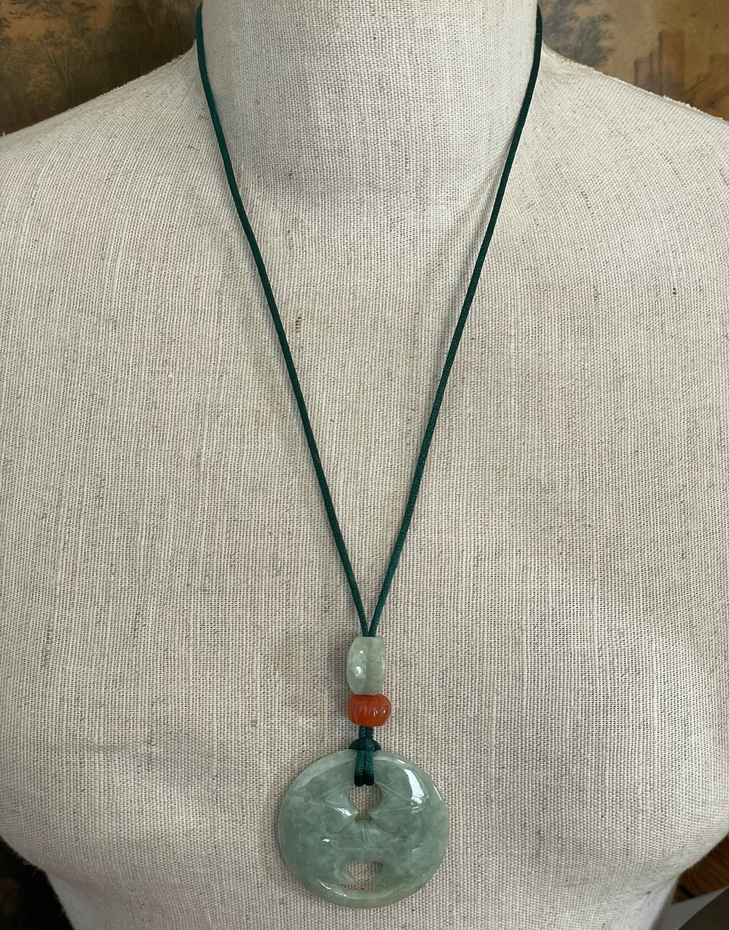 Carved Jade Agate Bead Silk Cord Necklace Moon