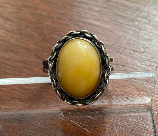 Vintage Sterling Silver JGG Butterscotch Egg Yolk Amber Ring Adjustable