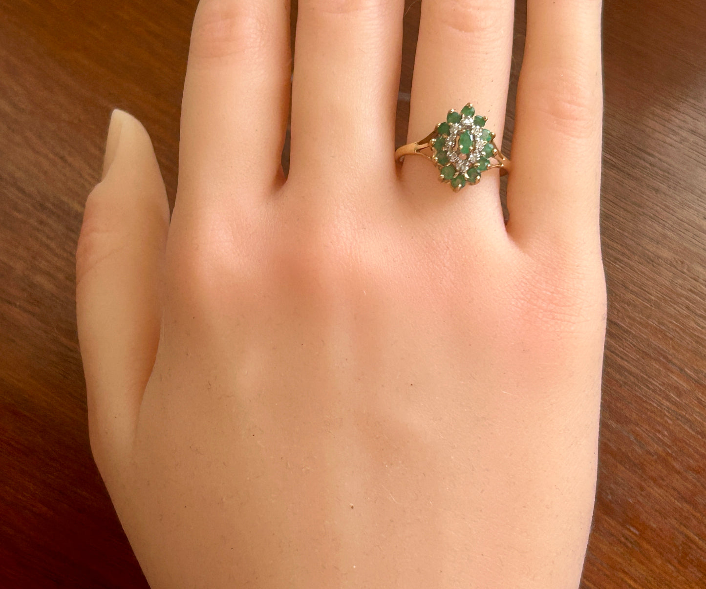 10k Yellow Gold Marquise Natural Diamond Emerald Cluster Cocktail Ring Sz 7.25