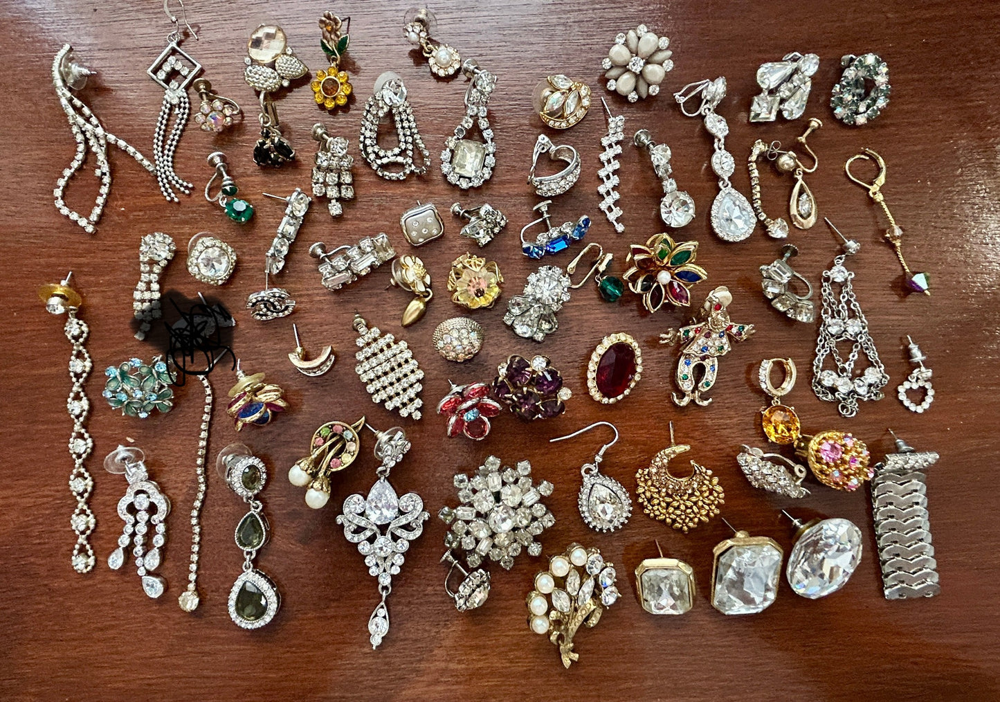 Over 60 Vintage SINGLE Earring Lot Rhinestones AB Harvest Cluster Craft Pearl