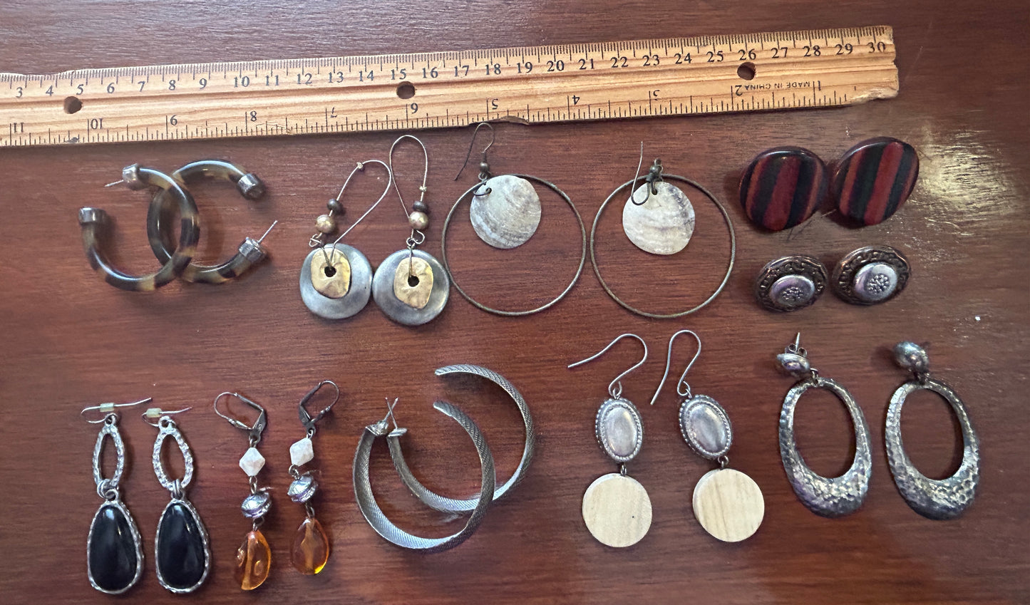Vintage Pierced Earrings Lot 10 Pair Faux Tortoise Shell Hammered Hoops Wood