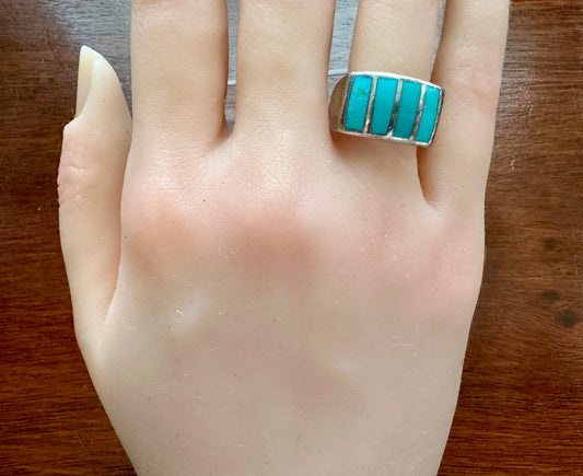 Silver 925 Turquoise Inlay Band Ring Sz 7.75