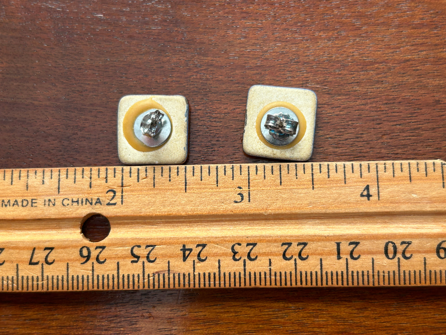 Vintage Ceramic Denim Blue Gold Glaze Pierced Square Earrings