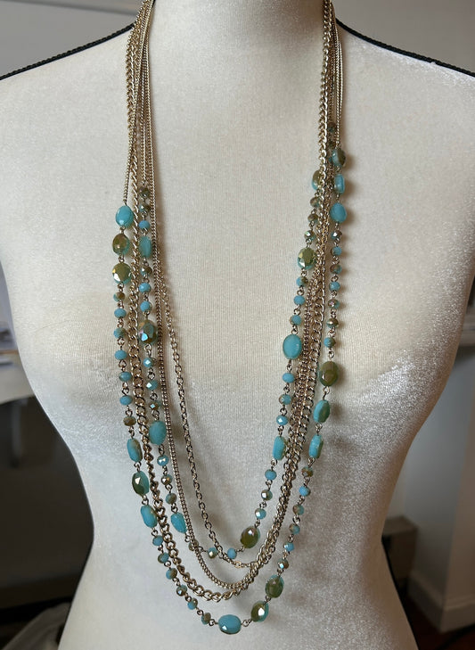 Vintage Premier Design Multistrand Silver Tone Necklace Light Blue AB Beads