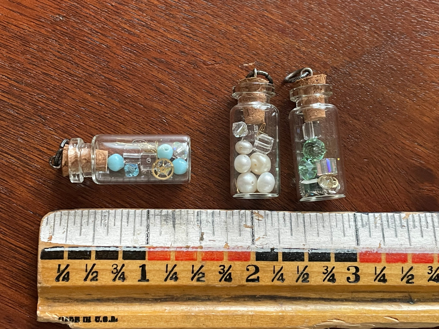 Set of 3 Glass Bottle Cork Bead Faux Pearl Gears Pendants