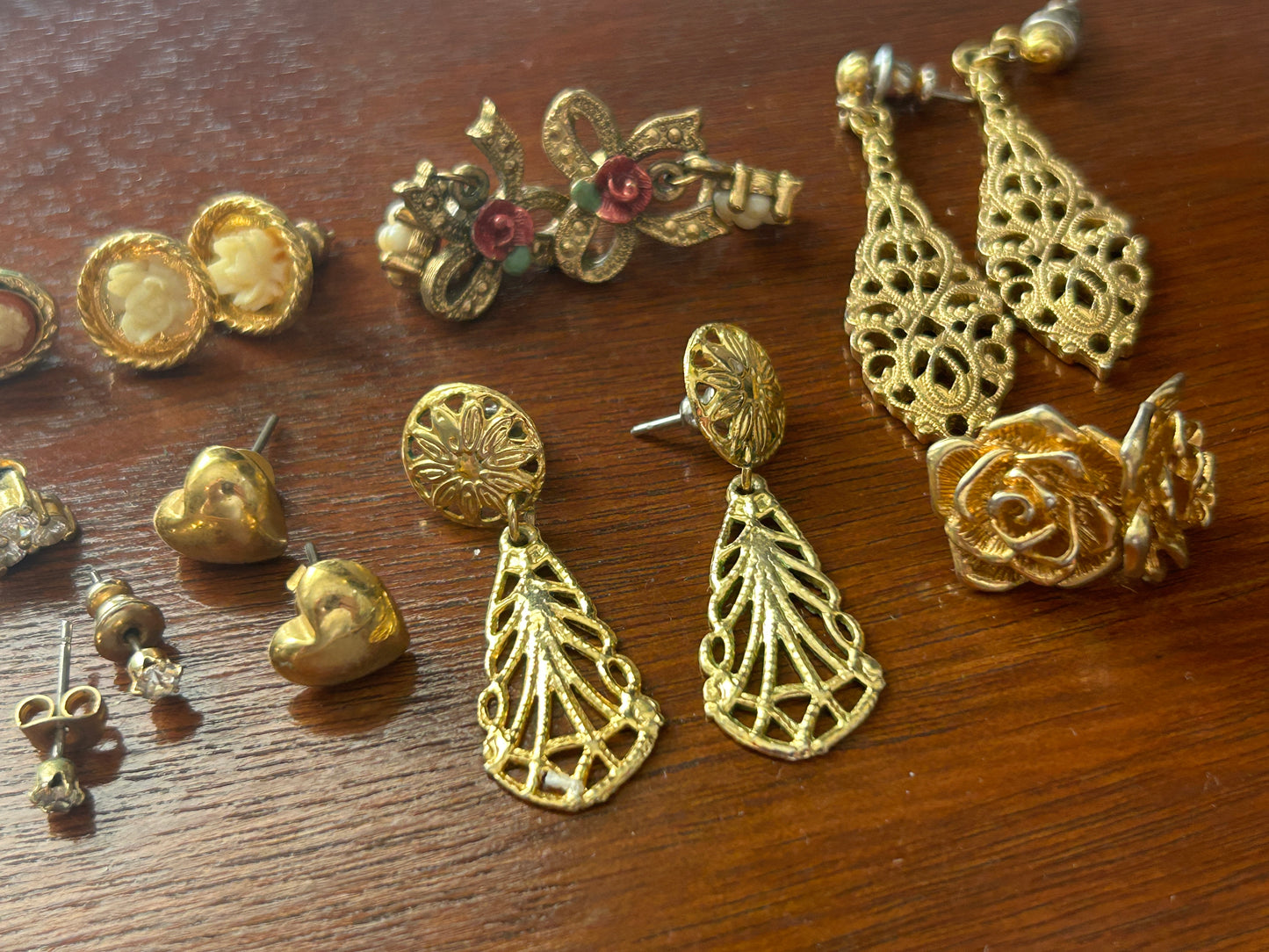 Vintage Victorian Style Pierced Earring Lot Carved Flowers Cameo Rose