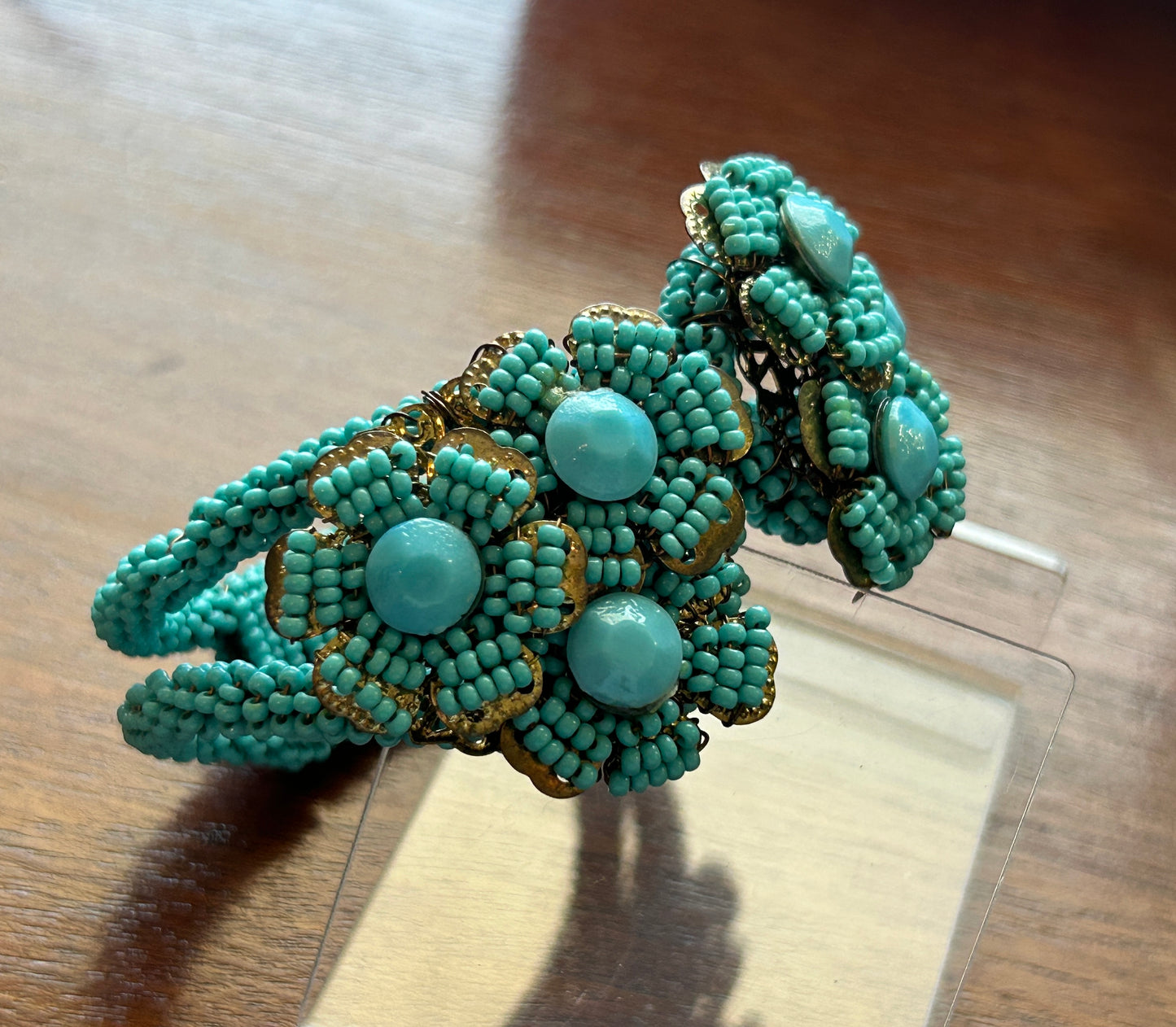 Rare 1930s Miriam Haskell Frank Hess Turquoise Seed Bead Hinge Clamper Bracelet