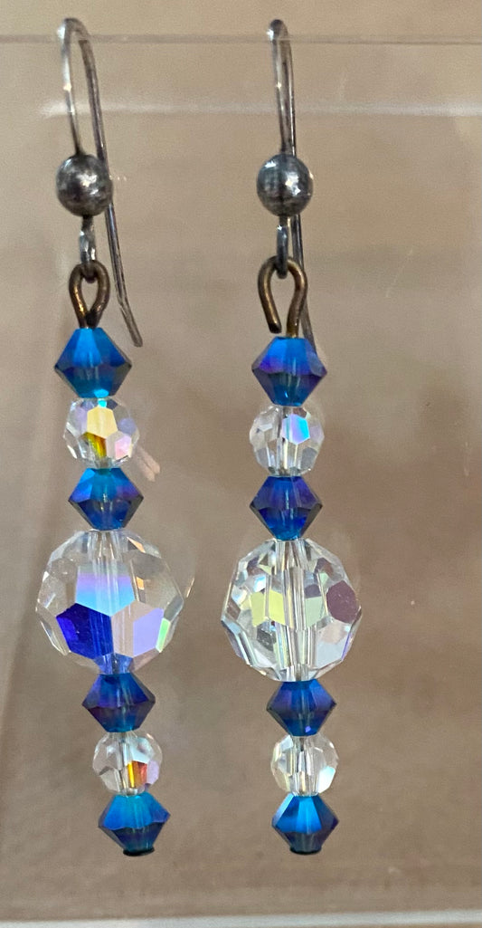 Sterling Silver 925 AB Aurora Borealis Blue Drop Dangly Pierced Earrings