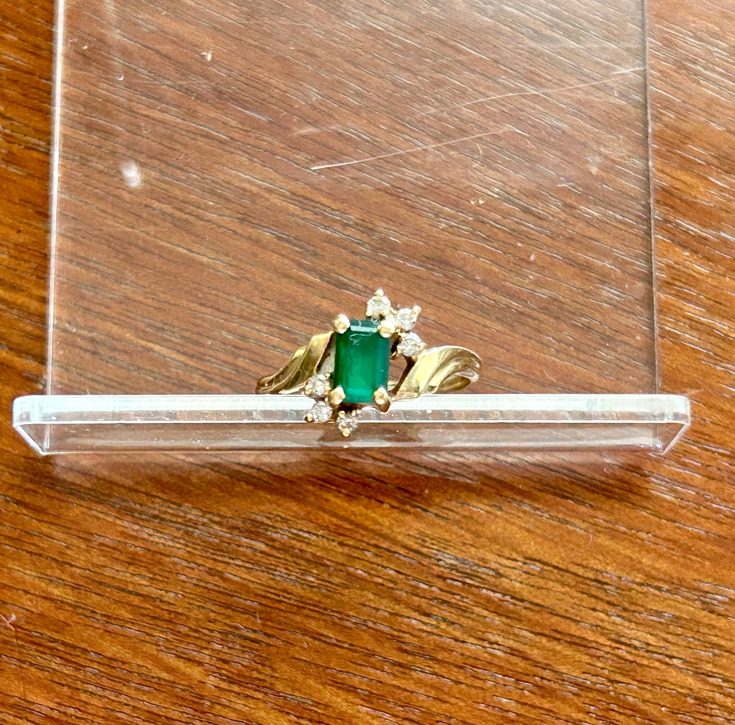 10k Yellow Gold Simulated Emerald Diamond Accent Ring Sz 4.25