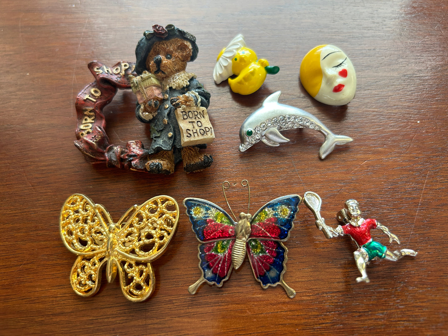 Vintage Fun Cute Brooch Pin Lot Tennis Butterfly Boyds Bear Dolphin Duck Mask