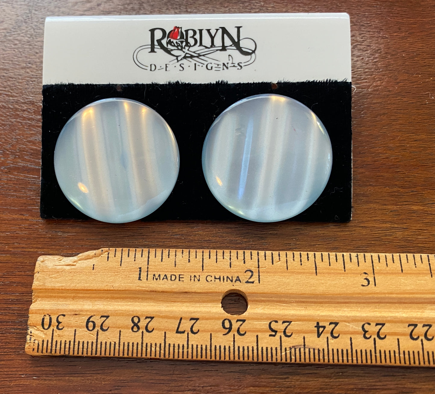 Vintage Roblyn Blue Moonstone Plastic Disc Earrings Pierced