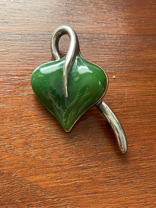 Vintage Angela Cummings Sterling Silver 925 Jade Aventurine Leaf Pendant Brooch