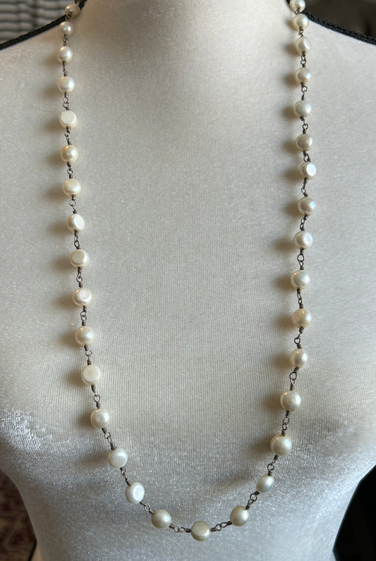 Sterling Silver 925 Real Pearl Chain Link Long Necklace