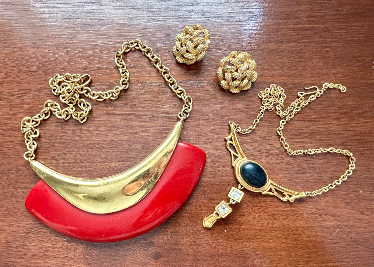 Vintage Signed Monet Jewelry Lot Necklace Earrings Gold Tone Rhinestone Red