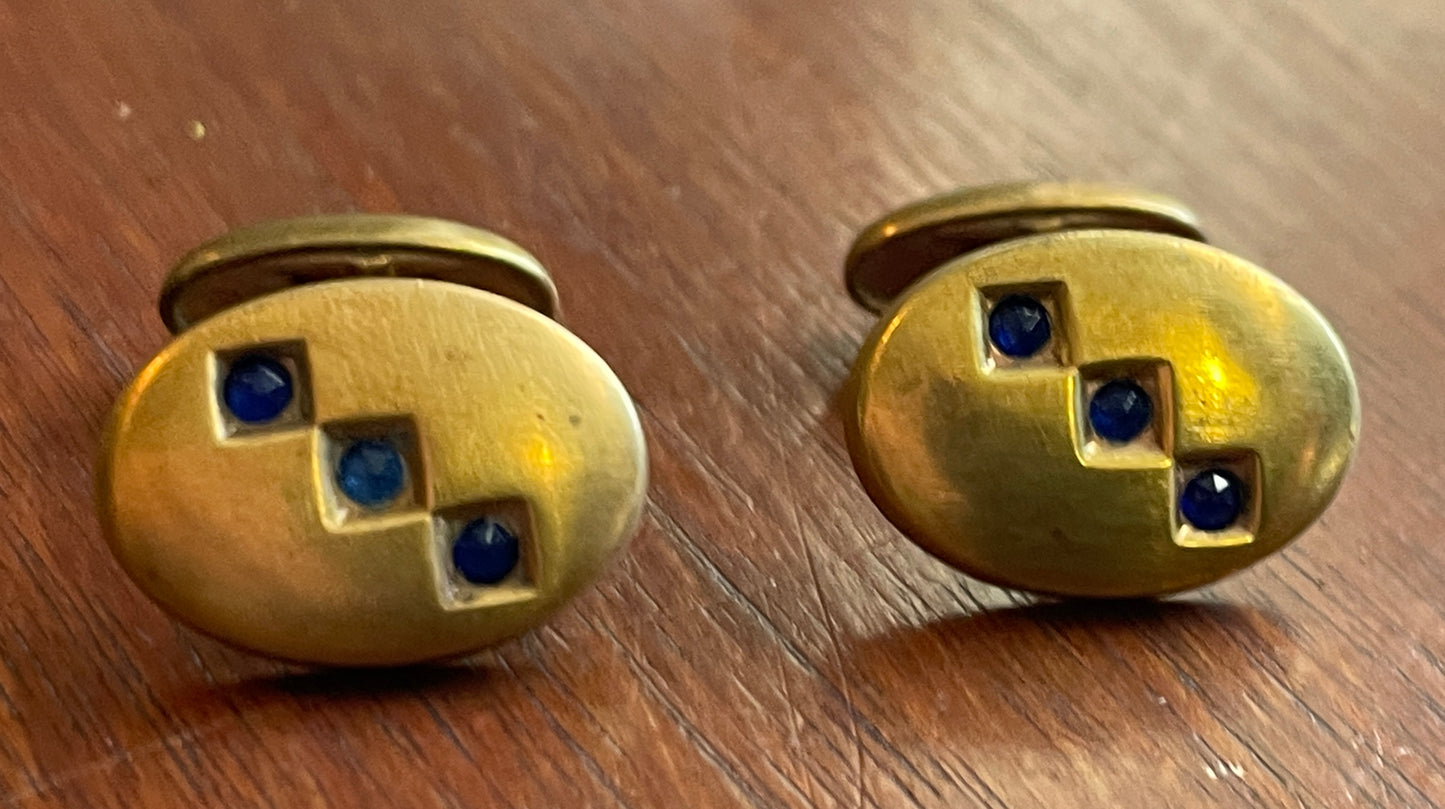 Vintage Gold Tone Art Deco Style Cufflinks Blue Stone