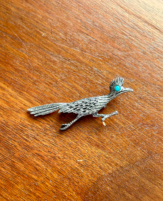 Vintage Signed J Ritter Silver Tone Faux Turquoise Eye Roadrunner Brooch Pin