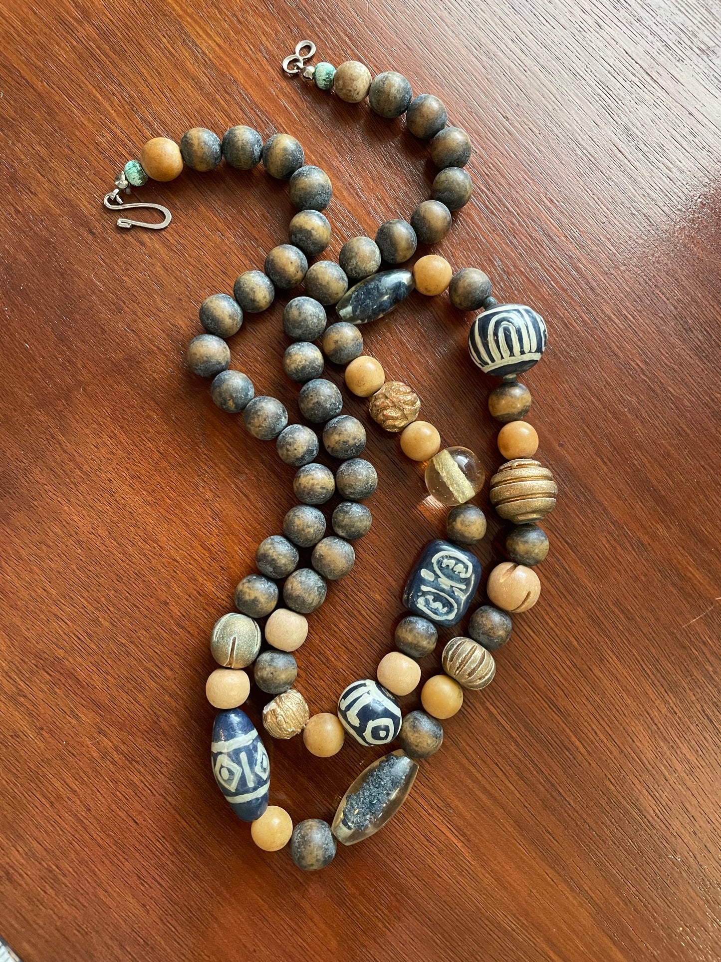 Vintage Wooden & Ceramic Bead Necklace Long Tribal Pattern