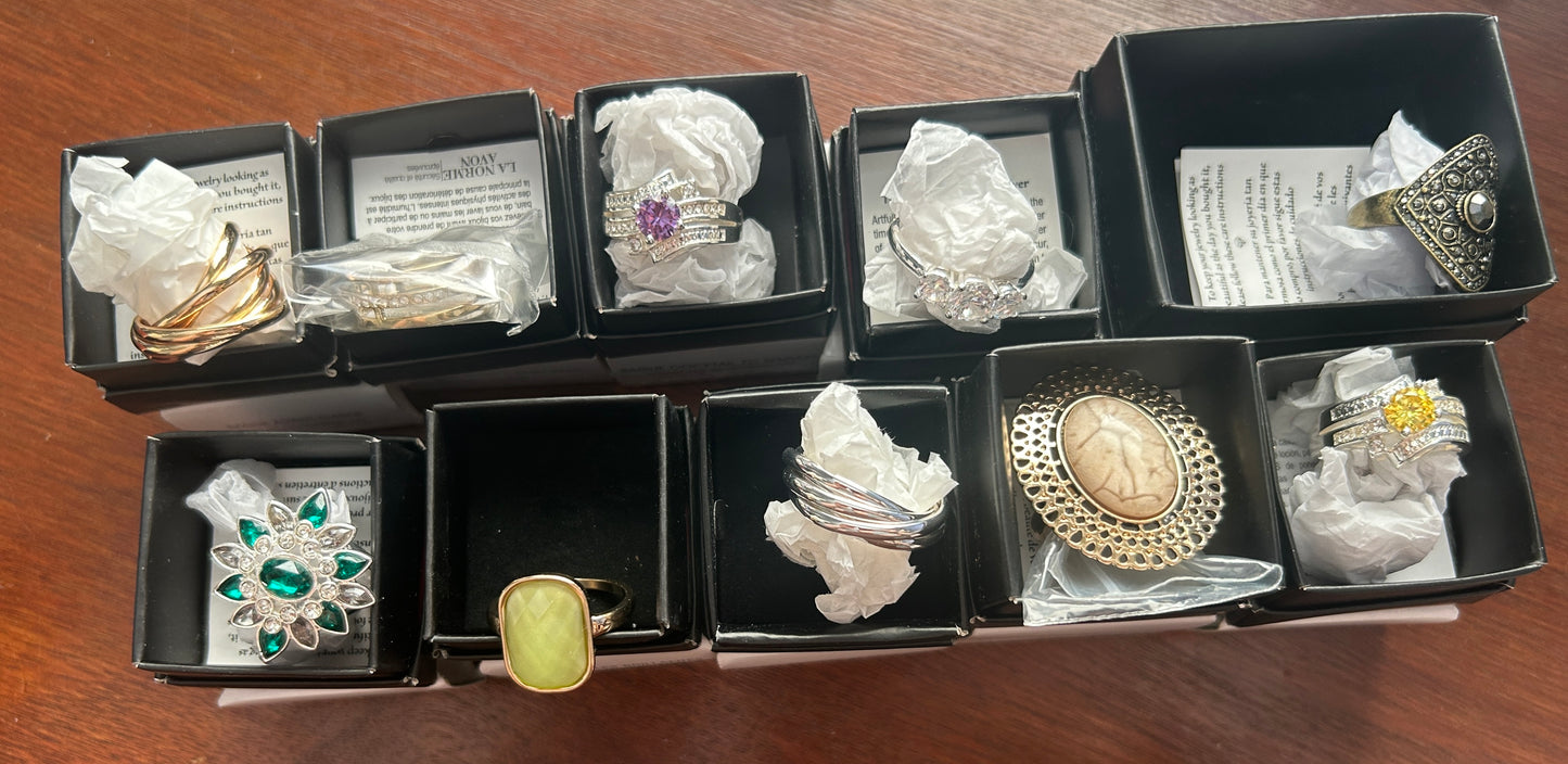 Lot of 10 Avon Costume Cocktail Rings Some New All Size 10 w Box Rhinestone