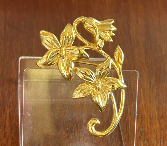 Vintage Large Unsigned Gold Tone Flower Branch Spring Brooch Pin