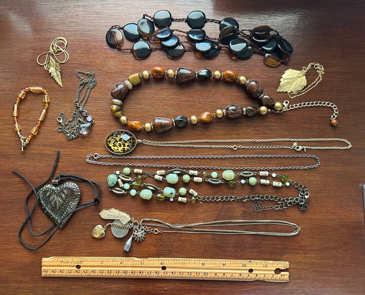 Vintage to Now Earth Tone Jewelry Lot Beads Pendants Leaf Gold Leaf Heart & More