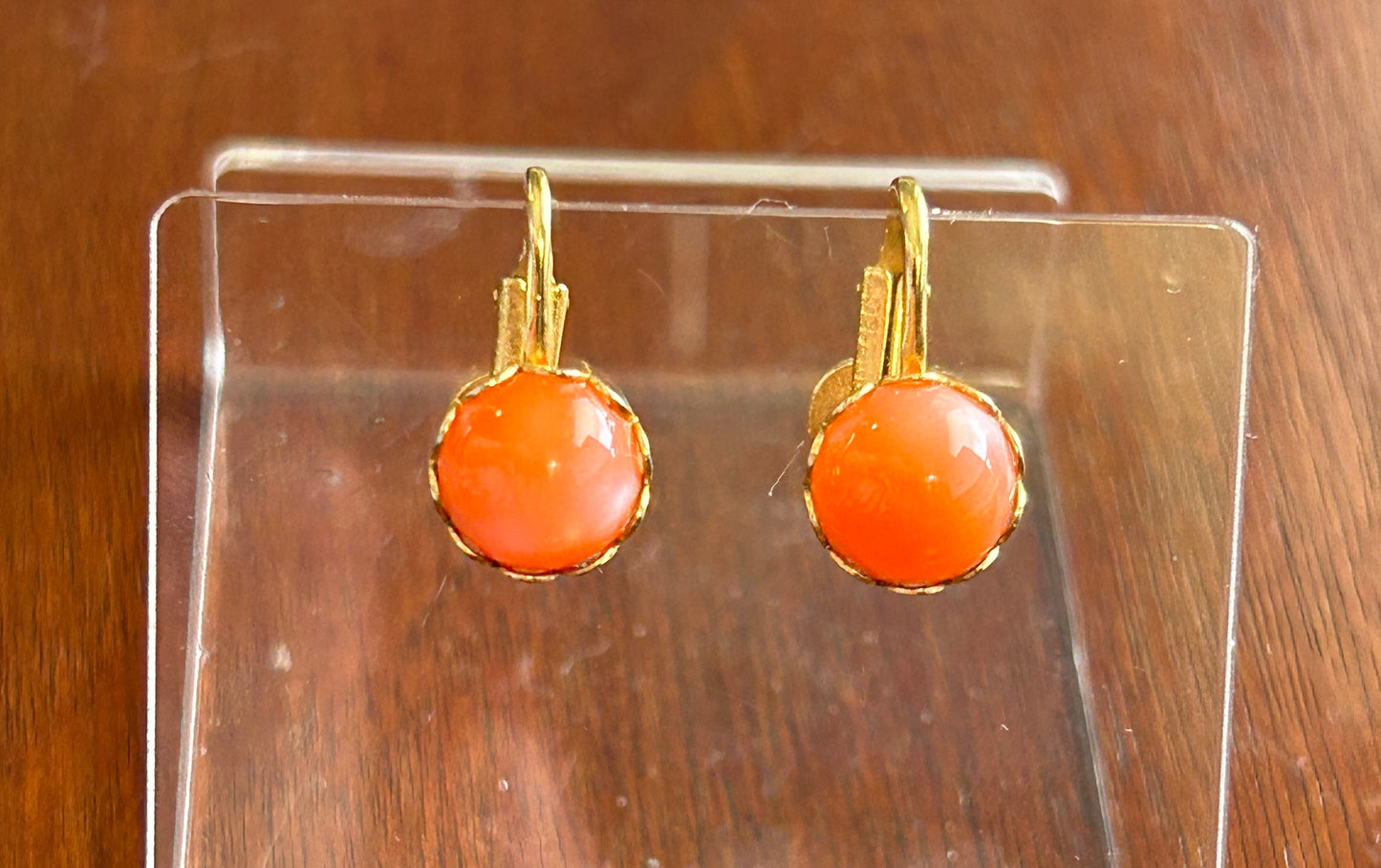 Vintage Gold Tone Cabochon Coral Clip On Earrings