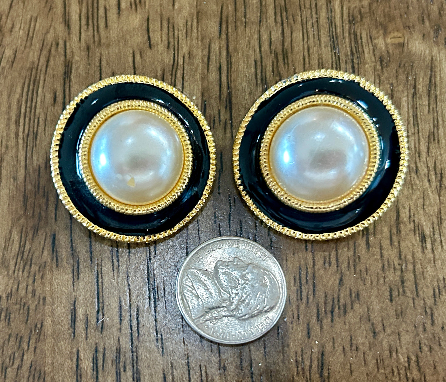 Vintage 80s Large Round Gold Black Enamel Faux Pearl Cabochon Pierced Earrings