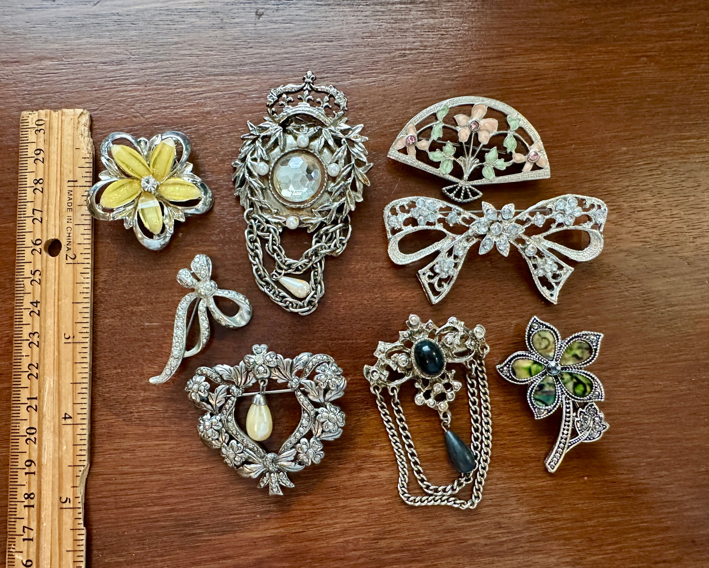 Vintage Victorian Style Silver Tone Brooch Brooches Pin Lot Faux Pearl Dangly