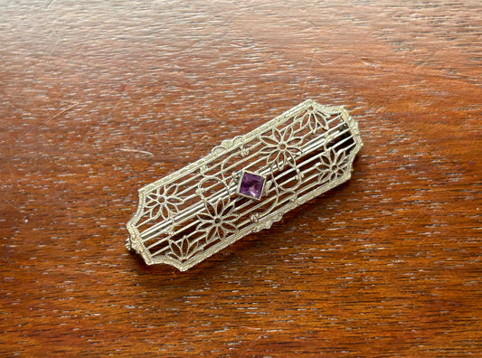 Vintage 10k White Gold Amethyst Filigree Brooch Pin