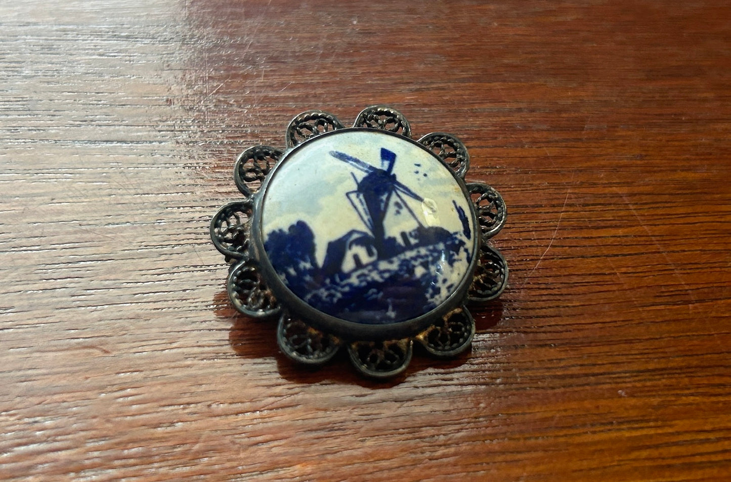 Vintage Silver Filigree Porcelain Blue White Windmill Brooch Pin