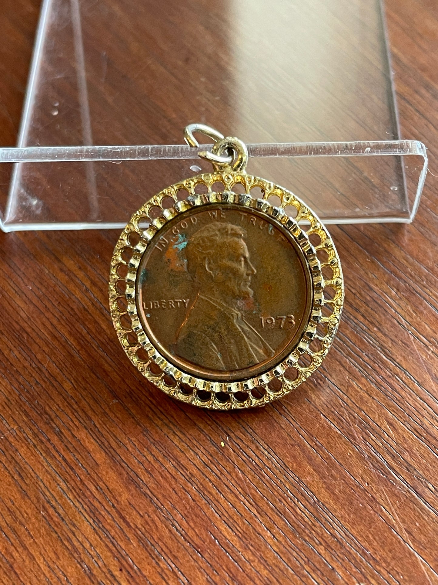 Vintage Gold Tone Framed 1973 Penny Pendant Charm