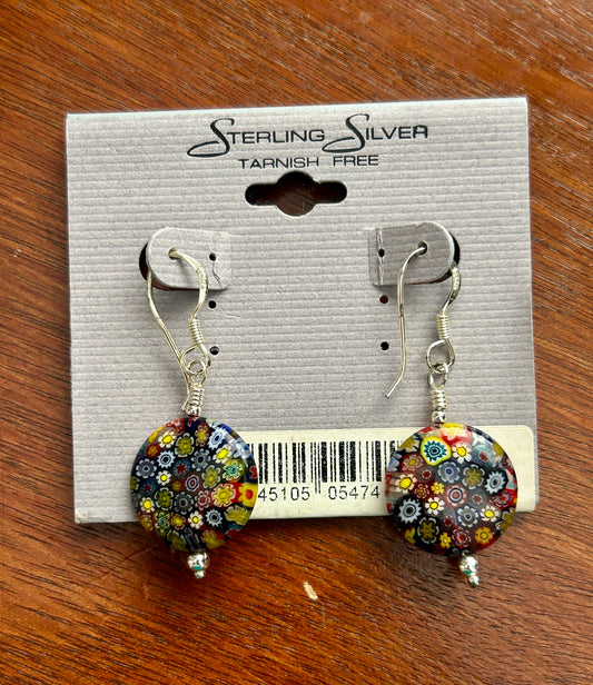 Sterling Silver 925 Glass Millefiori Dangle Drop French Wire Earrings