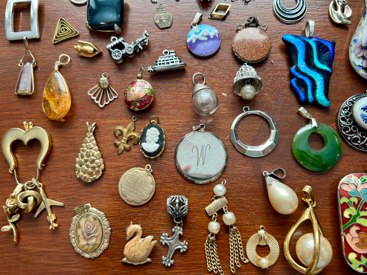 Vintage to Now Art Lot of Charms Pendants Over 40 Enamel Copper Glass Cameo