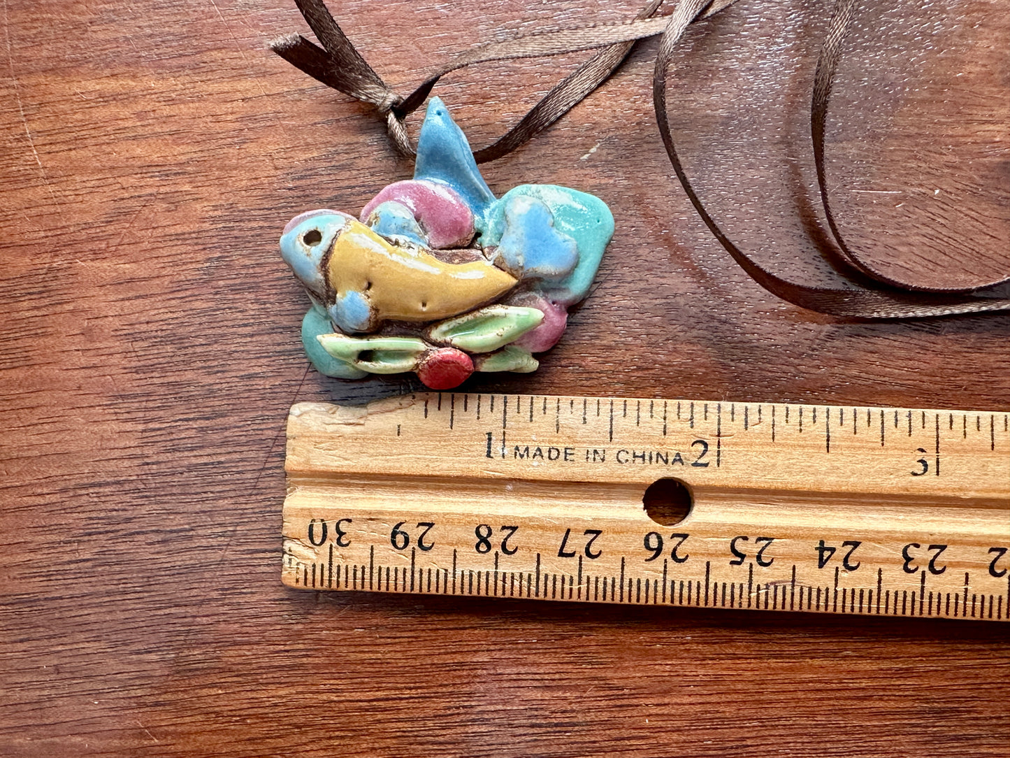 Vintage Glazed Ceramic Art Pierced Pendant Pastel Fish Necklace Pendant