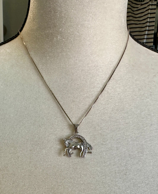 Sterling Silver 925 Box Chain Horse Horseshoe Cubic Zirconia Pendant Necklace