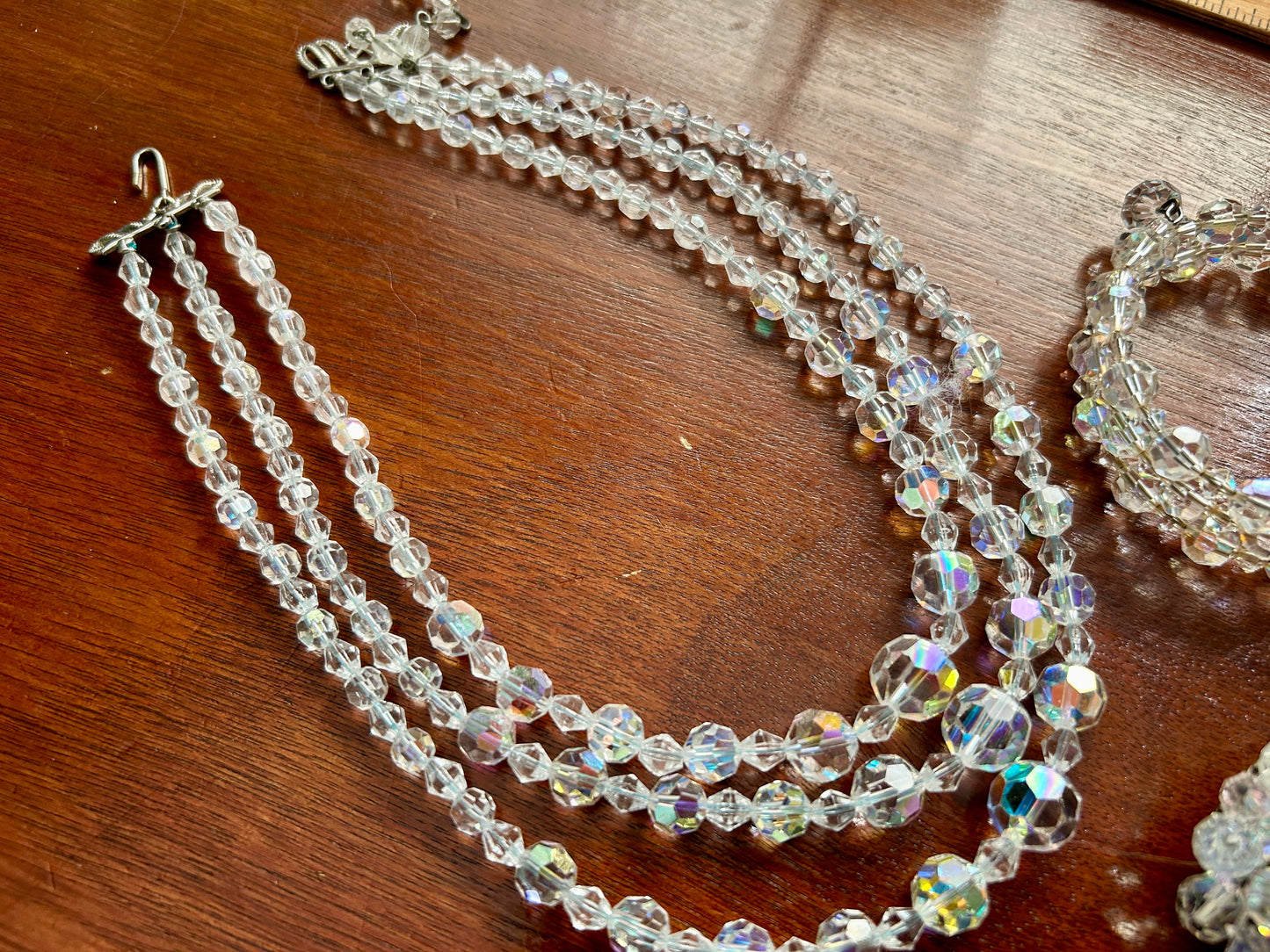 Vintage Aurora Borealis Faceted Glass Bead Jewelry Set Necklace Brooch Bracelet