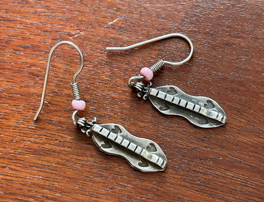 Sterling Silver 925 Pink Bead Heart Drop Dangly French Wires Earrings