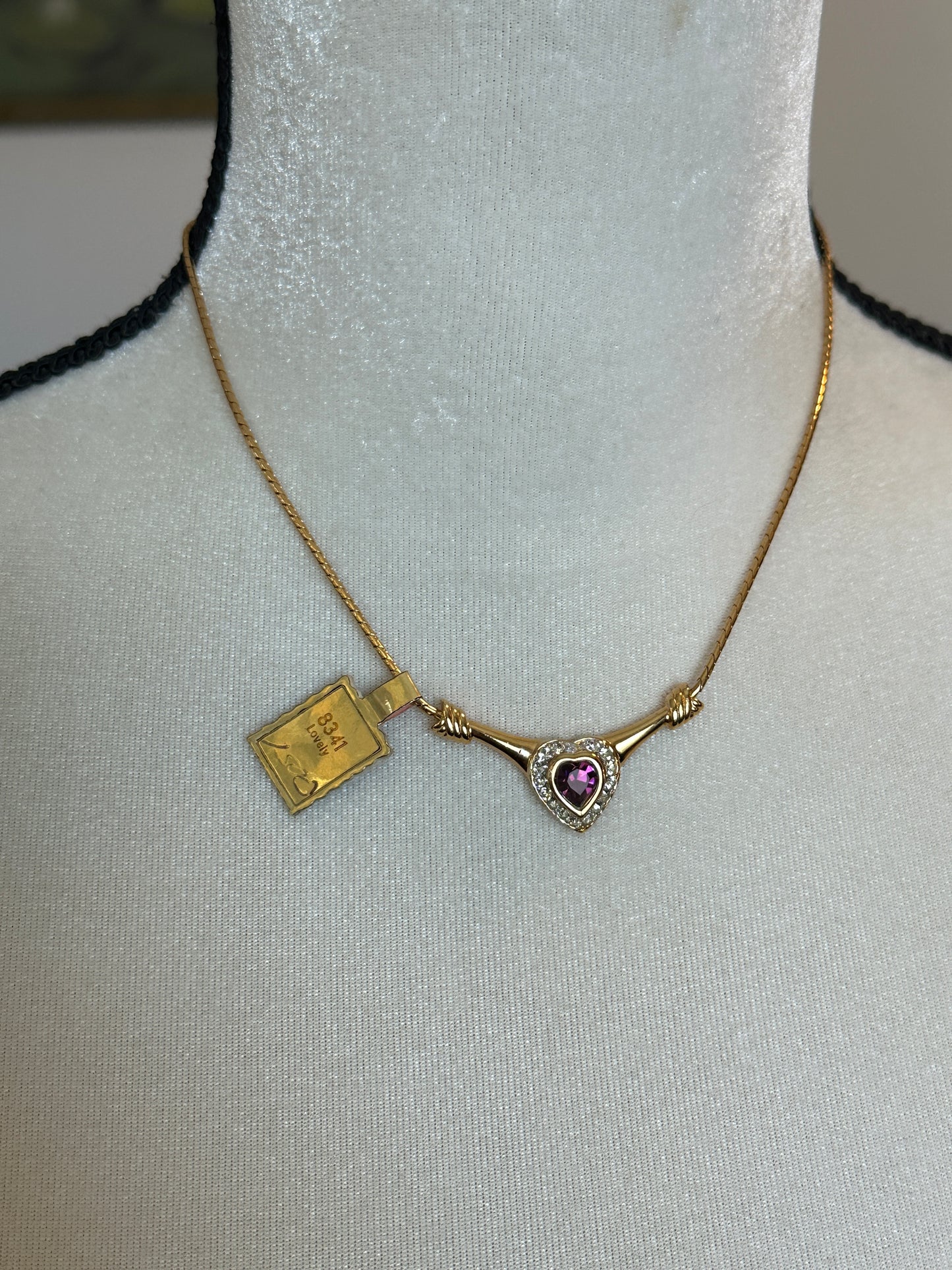 Vintage Signed Monet w Tag Gold Tone Necklace Rhinestone Halo Amethyst Heart