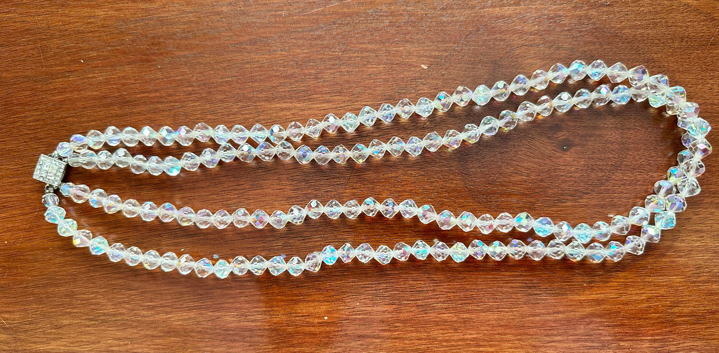 Vintage Faceted Glass AB Aurora Borealis Necklace Clip on Earrings Jewelry Set