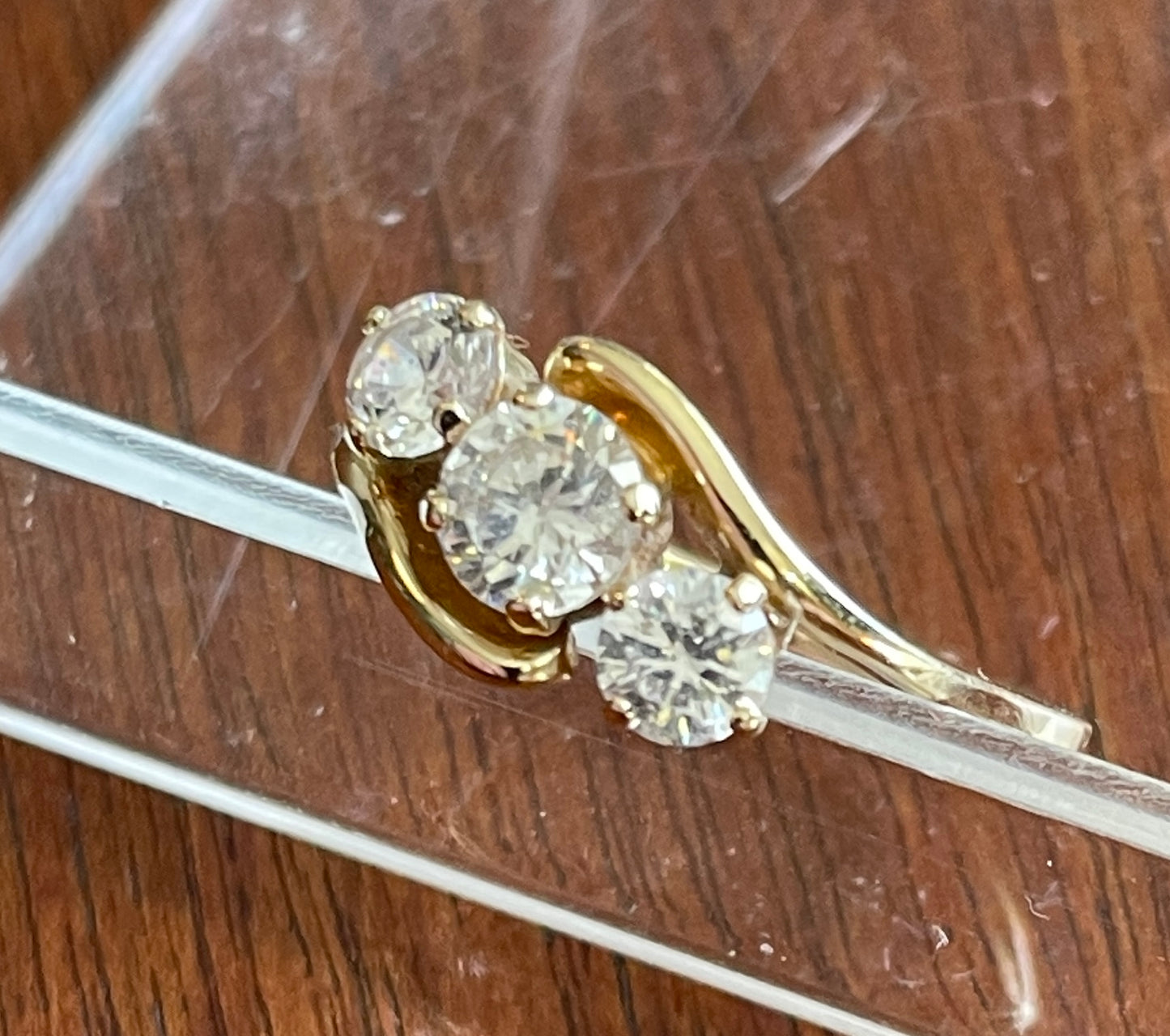 14k Yellow Gold Diamonique Cubic Zirconia 3 Stone Bypass Ring Sz 7