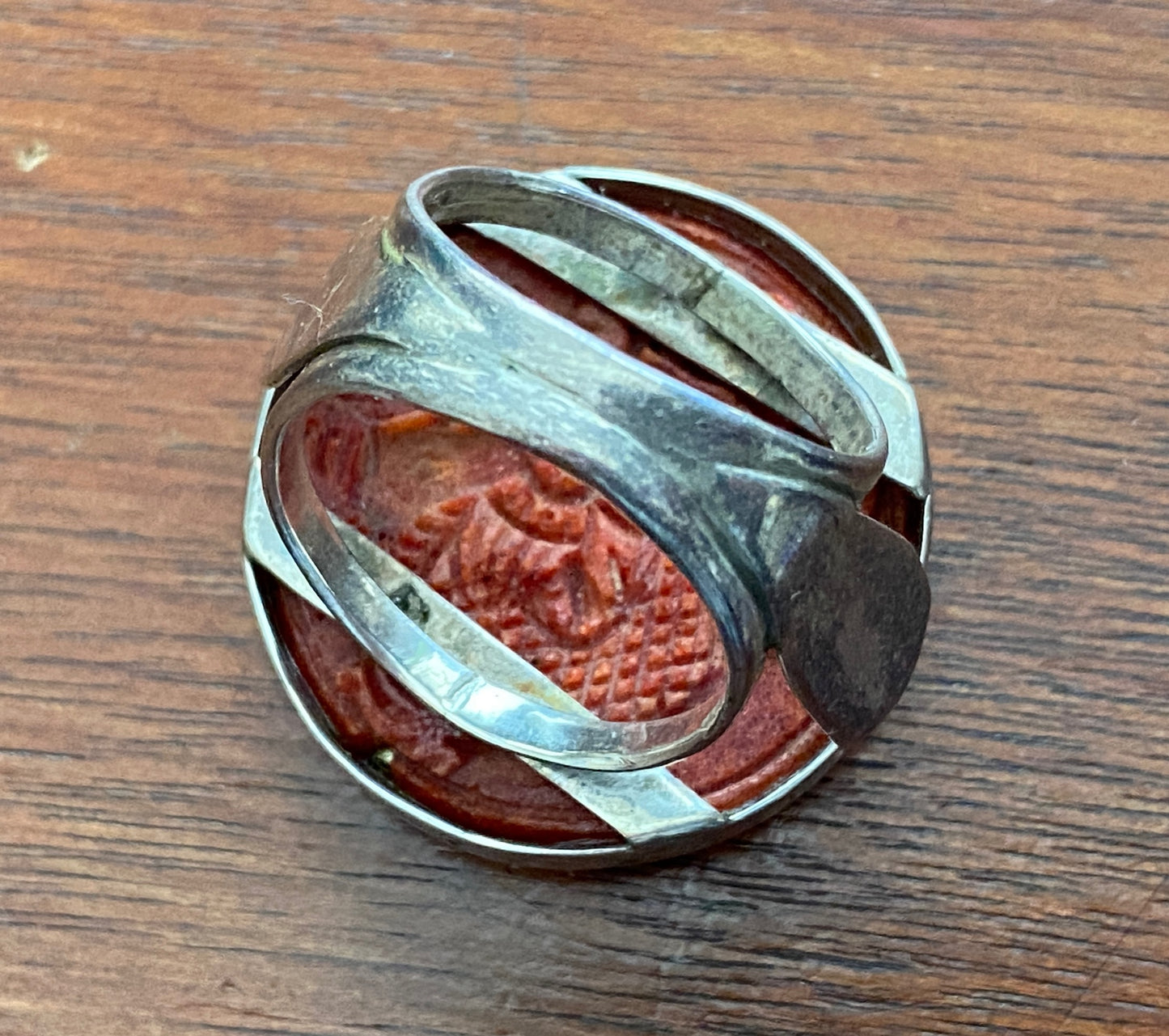 Sterling Silver 925 LARGE Carved Dragon Cinnabar Ring Sz 8.75