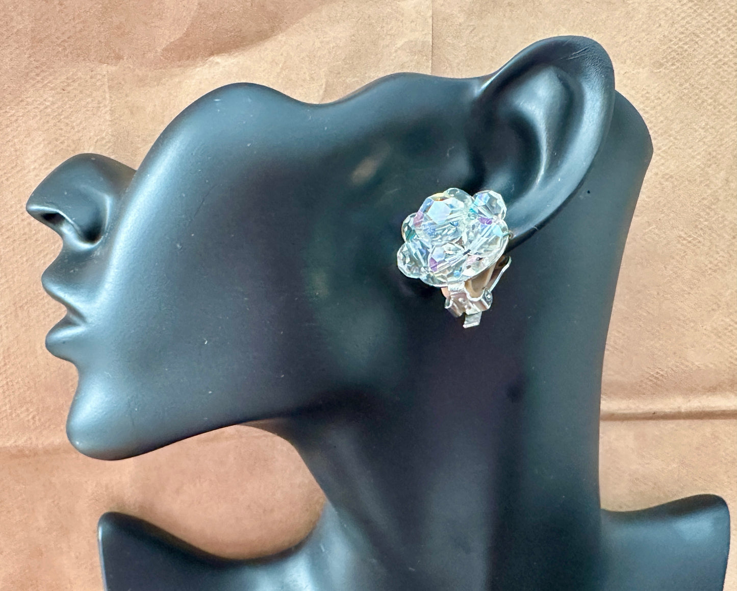 Vintage Faceted Glass AB Aurora Borealis Necklace Clip on Earrings Jewelry Set