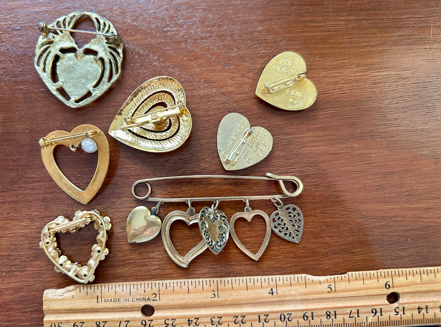 Vintage Gold Tone Heart Shaped Brooch Brooches Pin Lot Dangly Cabochon Rose More