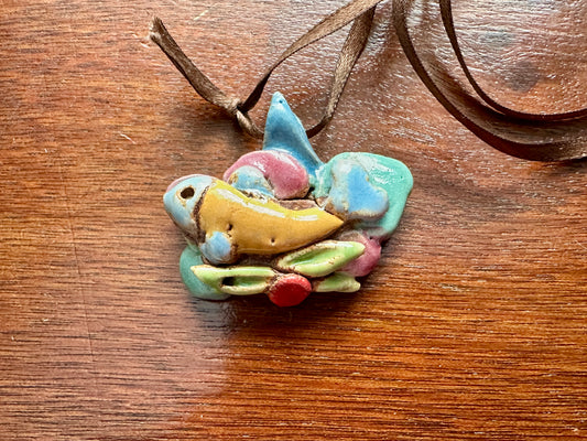 Vintage Glazed Ceramic Art Pierced Pendant Pastel Fish Necklace Pendant