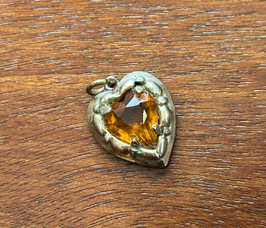 Vintage Antique Yellow Gold Filled Faceted Amber Glass Heart Charm Pendant