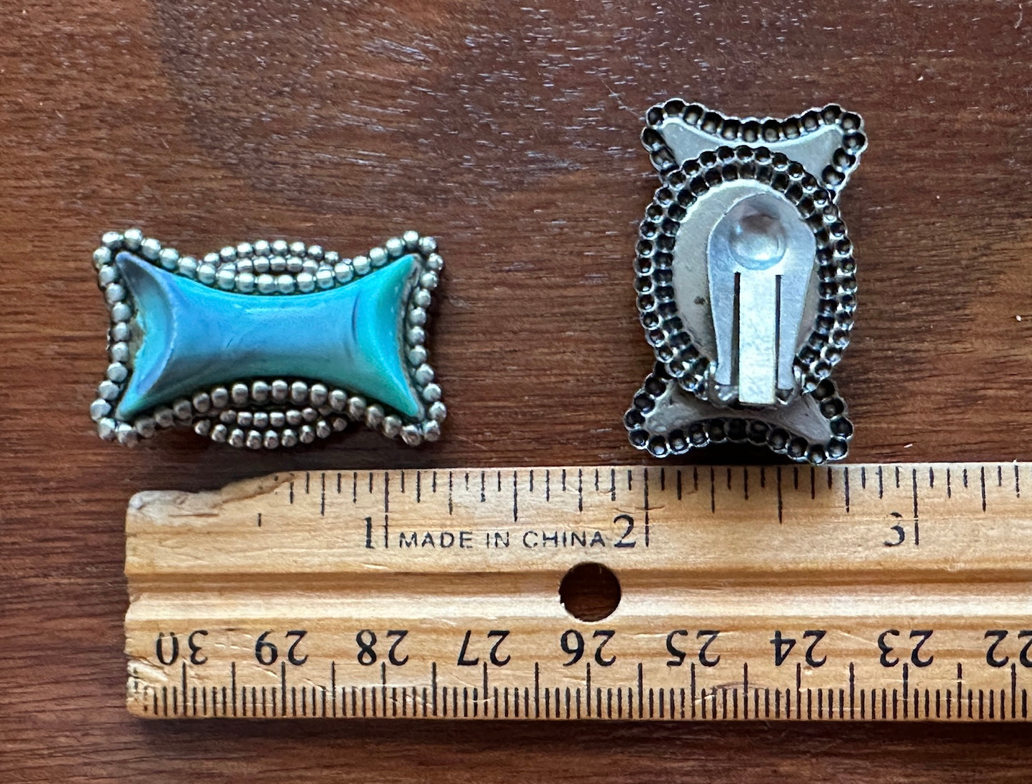 Vintage Silver Tone Faux Turquoise Large Western Southwestern Clip On Earrings