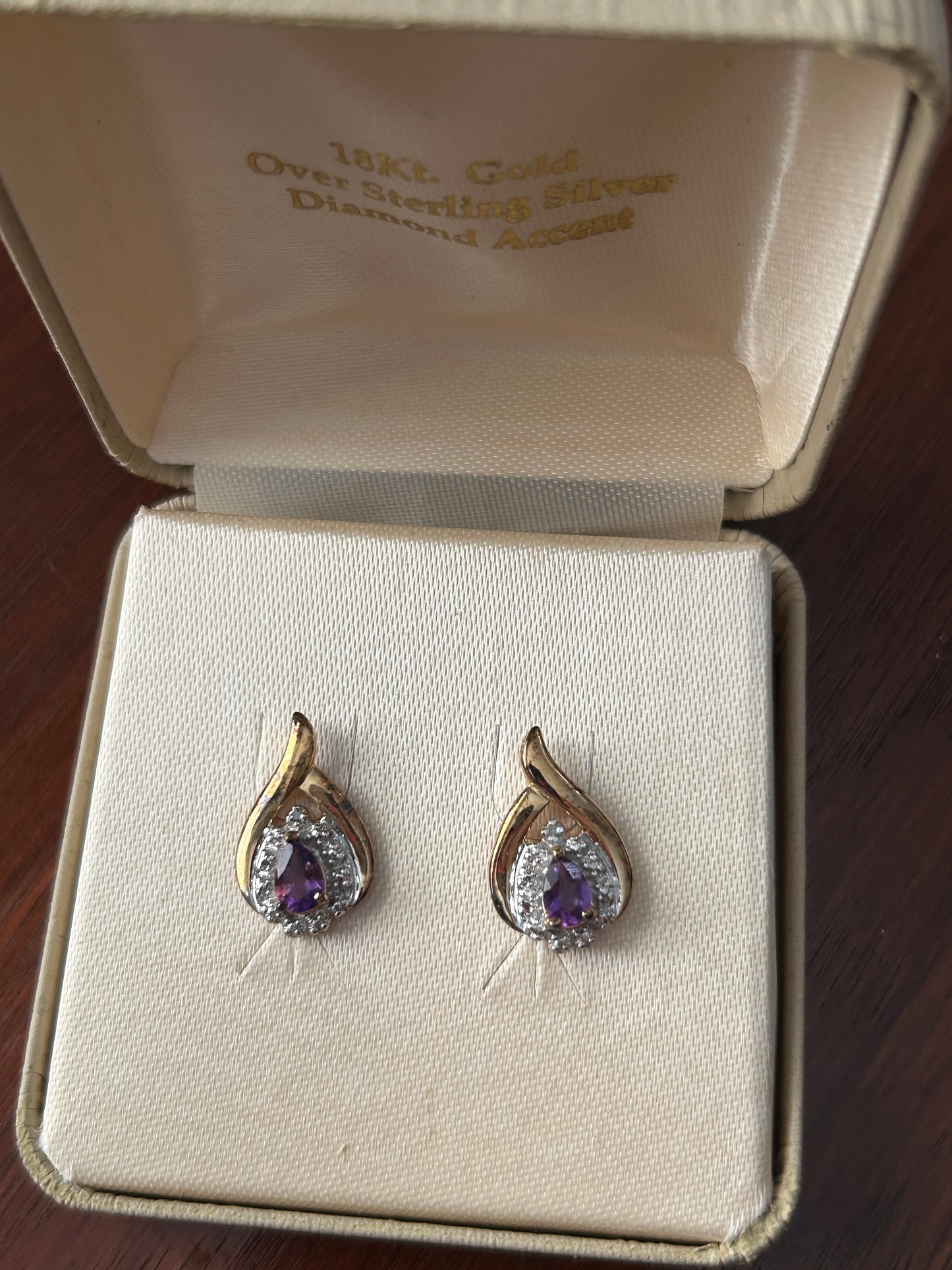 18k Yellow Gold over Sterling Silver 925 Diamond Accent Pear Amethyst Earrings